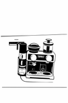An image of a child's bath toy coffee maker in a black and white stencil design.