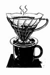 A black and white stencil image of a mug with a v60 on top of it.